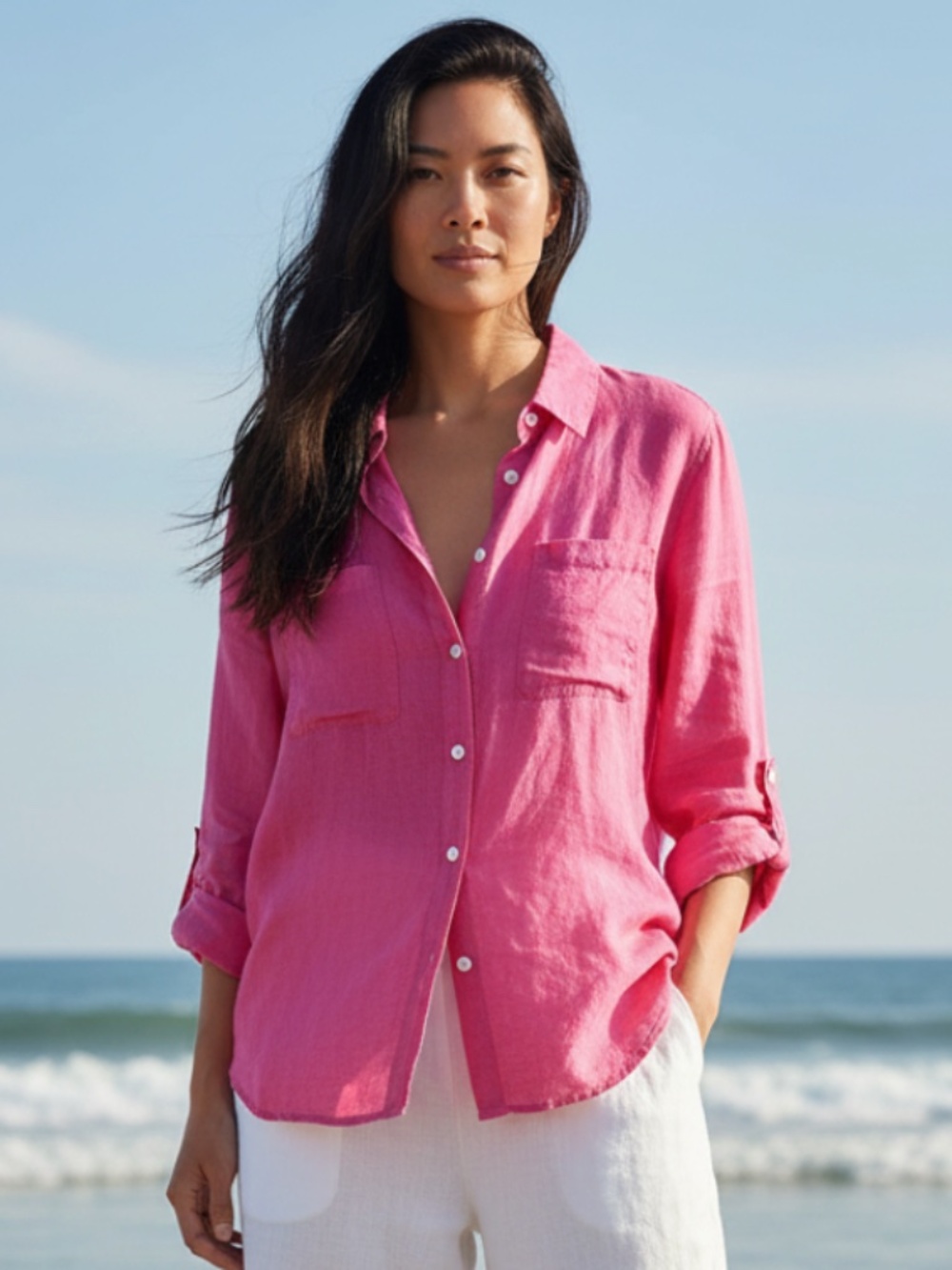 Charter Club Shirt Button Down Blouse Top Sz 1X 16 18 Pink LINEN Coastal Resort